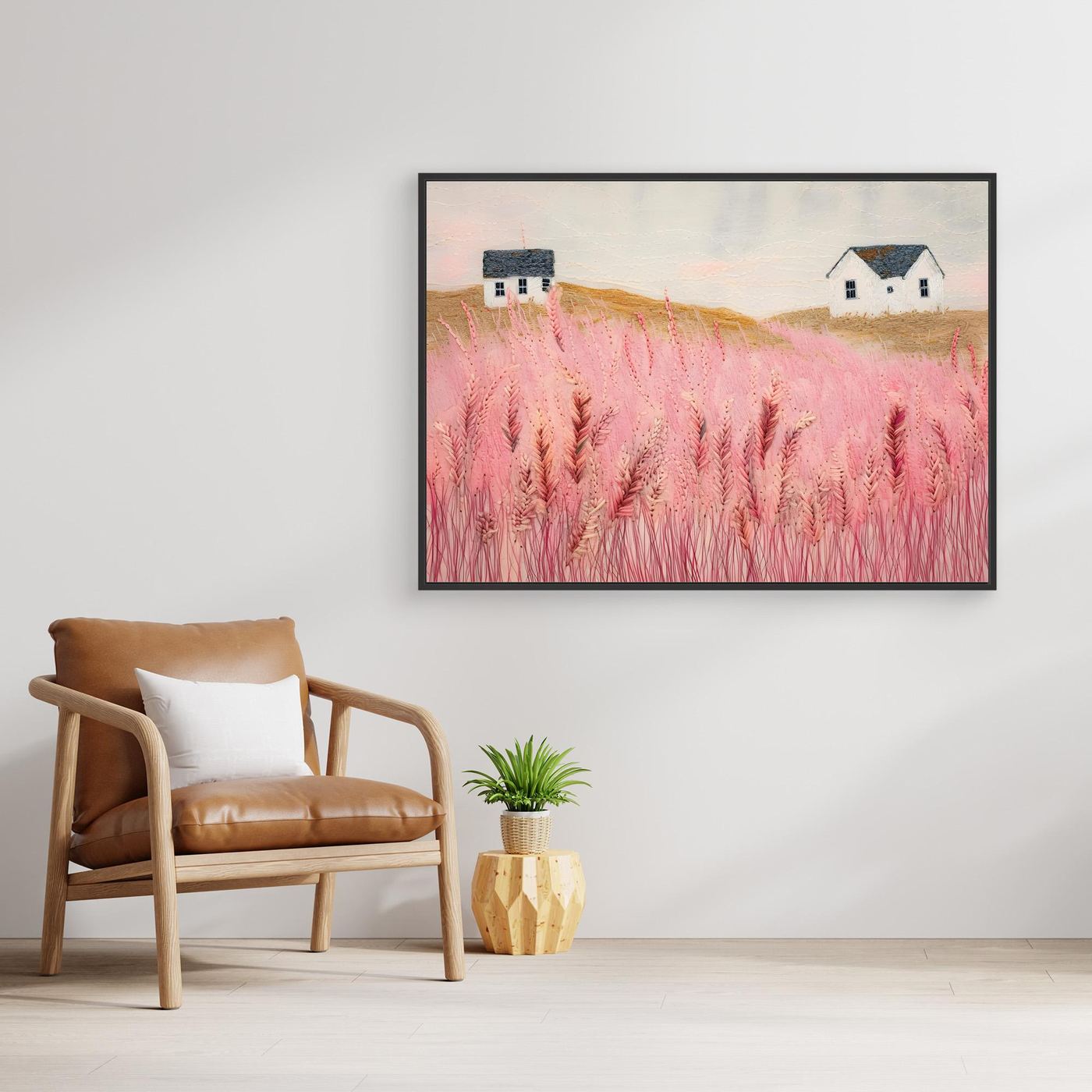 Dreamy Pink Meadow Countryside Landscape with White Cottages