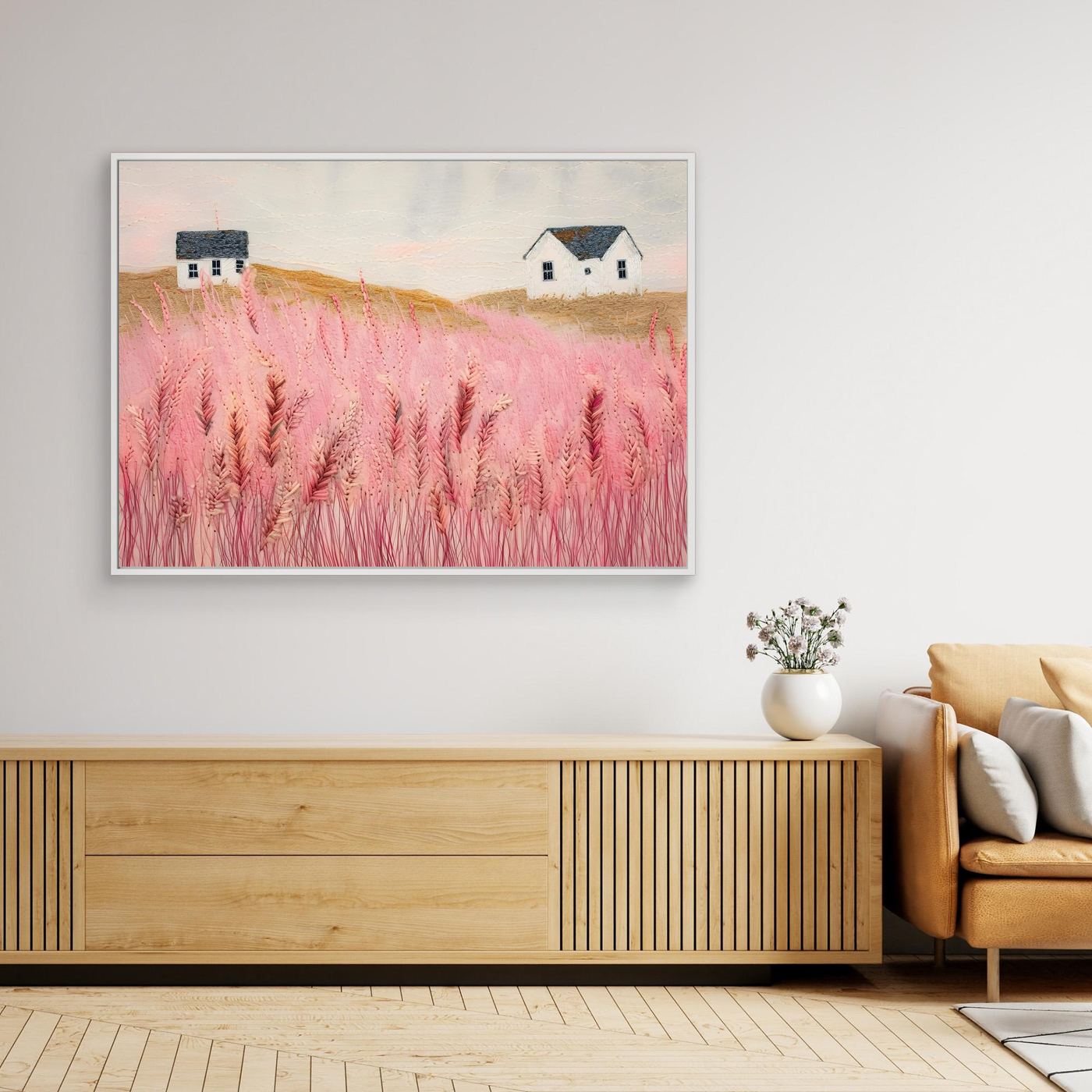 Dreamy Pink Meadow Countryside Landscape with White Cottages