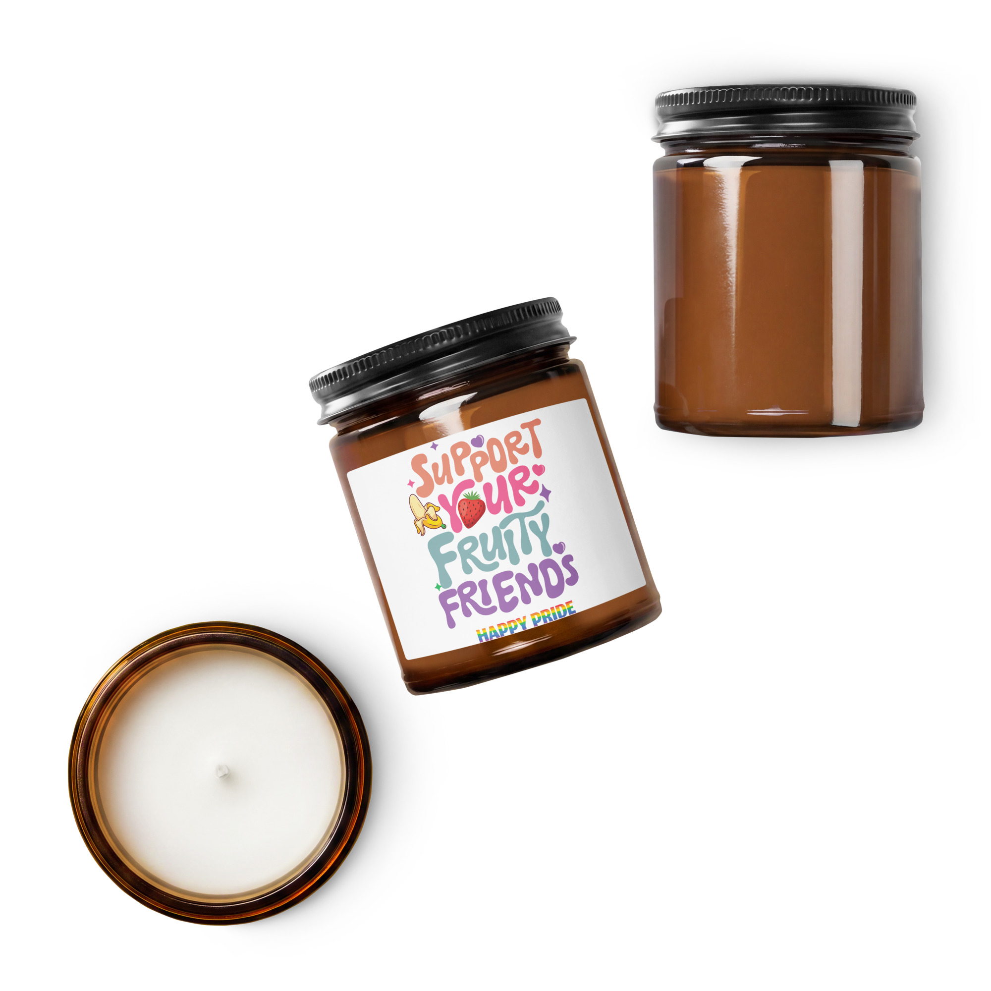 Support Your Fruity Friends Happy Pride Amber jar soy candle - Image 6